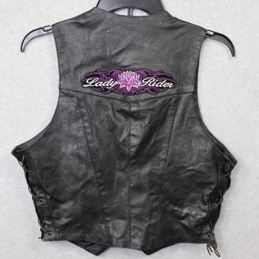 Leather‎ Biker Western Vest Small Black Lace-up Sides Patches Allstate Brand